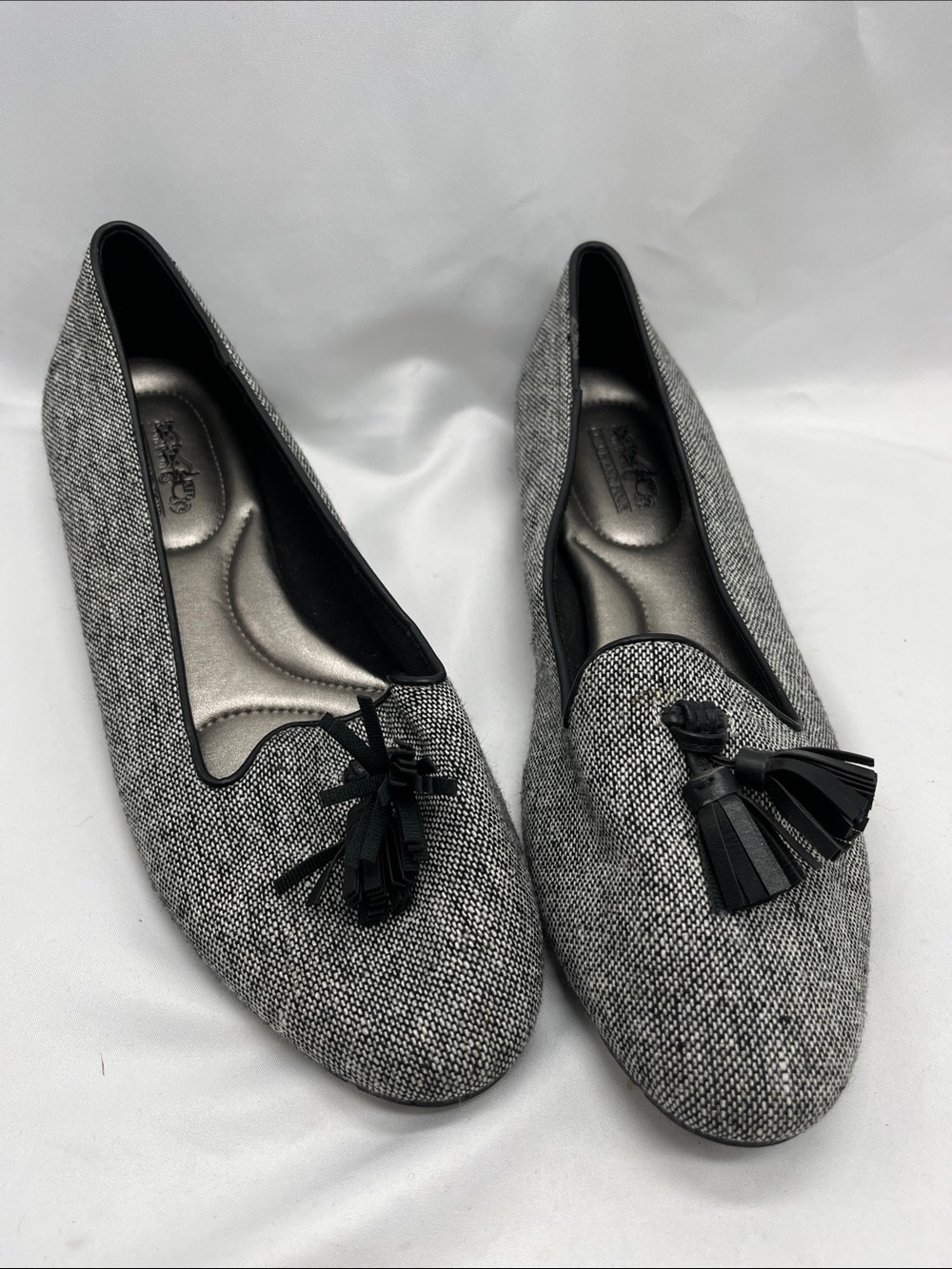 Coach and Four Black and Gray Tweed Slip On Ballet Flats with Tassles